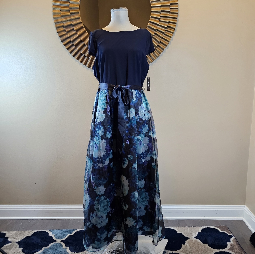 SLNY Navy Floral Mixed-Media Organza Gown - 16P NWT - Picture 3 of 10